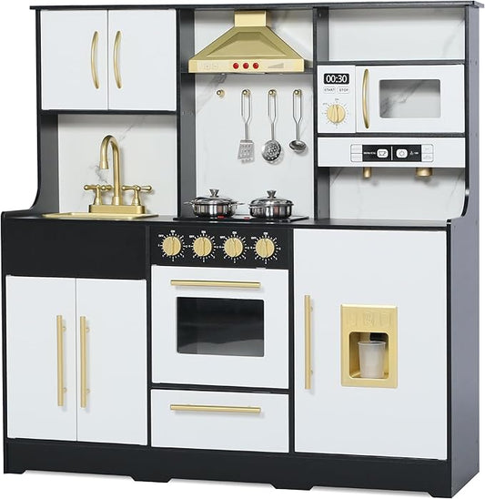 Kids Kitchen Playset, Wooden Play Kitchen with Toy Storage System, Pretend Play Kitchen Set Toy with Range Hood, Ice Maker & Coffee Maker, for Kids Ages 3+, Black