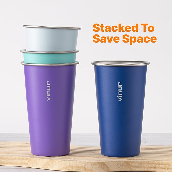 VINUR 4 Pack Stainless Steel Cups 20 oz Pint Tumbler Stackable Metal Drinking Glasses for Travel, Camping, Outdoors (Baby Blue-Navy-Teal-Purple)