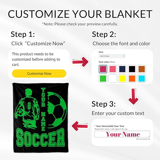 Personalized Soccer Throw Blanket with Name - Soft, Fuzzy & Warm - 60x80 Inches Twin Size Blanket for Couch, Office - Green Funny Throw Gift for Boys, Men