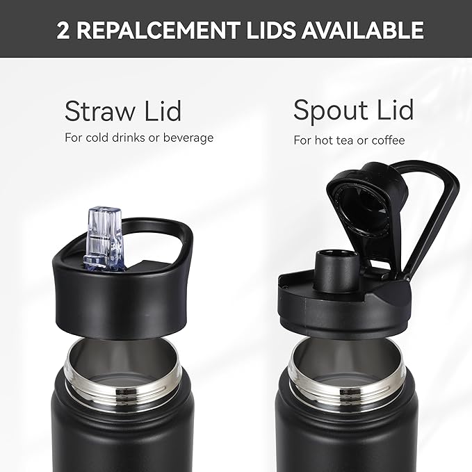 HASLE OUTFITTERS Insulated Water Bottle 16 oz Double Wall Vacuum Stainless Steel Water Bottle Leak Proof Wide Mouth with Straw Lid & Spout Lid Keeps Cold and Hot(Black,1pack)