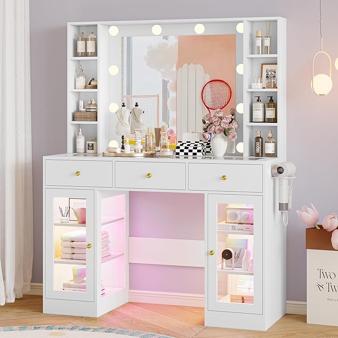 Makeup Vanity Desk with Mirror and Lights, White Vanity with Glass Top, LED Lights & Power Outlet, 3 Drawers & 2 RGB Glass Cabinets, Adjustable Lighted Dressing Table for Women & Girls Bedroom