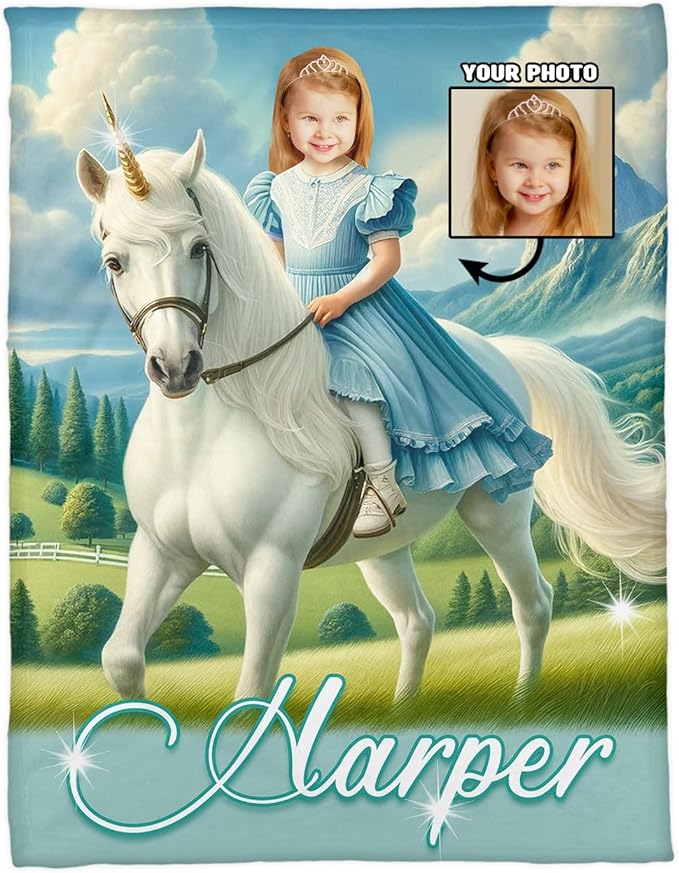 Zocoshi Personalized Princess Blanket - Kids Unicorn Design with Custom Face Photo, Monogrammed Gift for Baby Girl, Cozy Keepsake, Perfect Birthday Present