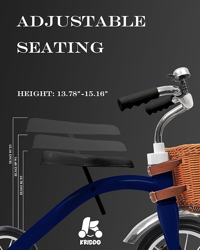 KRIDDO Classic All Metal Toddler Trike, Gift for Boys and Girls Ages 2 to 4 Year Old, Tricycle for 1 to 3 Year Olds, Sturdy Rear Deck, Deluxe Steer and Ergonomics Grip, Indoor and Outdoor, Blue