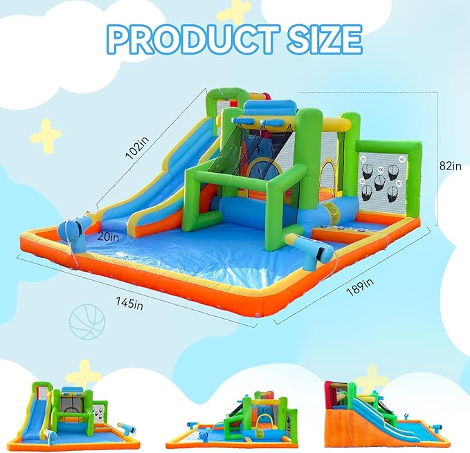 FBSPORT Inflatable Bounce House Water Slide, Bounce House for Kids Indoor Outdoor Bouncy House with 550W Blower, Bounce Castle with Slide Ball Shooting, Water Gun, Splash Pool, Bounce Area, Hose