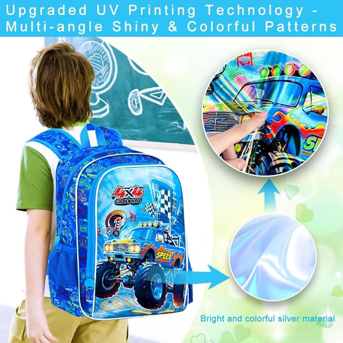 16" Monster Truck Backpack for Boy, 3Pcs Bookbag for Elementary Preschool Kindergarten, Kids School Backpacks with Lunch Box (Blue)