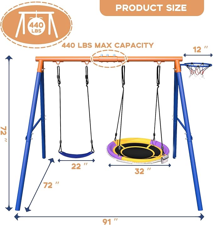 4-in-1 Swing Sets with Stand for Backyard, 440lbs Outdoor Saucer Swing Set for Kids, Heavy-Duty A-Frame Metal Playset for Playground, 32 inch Saucer, Belt Swing, Basketball Hoop, Led Light & Anchors