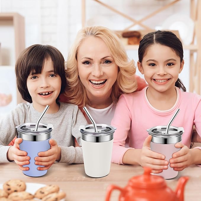 Ymmy Sam Kids Stainless Steel Cups with Lids & Straws, 12oz Metal Tumblers, Unbreakable Toddler Cups for Hot & Cold Drinks, Leakproof, 6Pack