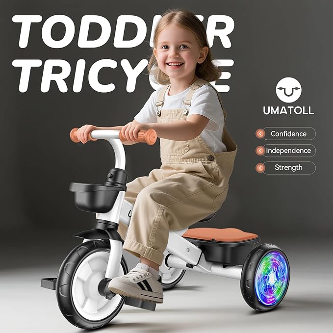Umatoll Tricycle for Toddlers 2-5 Year Old, Ajustable Toddler Bike Outdoor Toys, Birthday Gift for Boy Girl Age 2-4, Trike with Light up Wheels