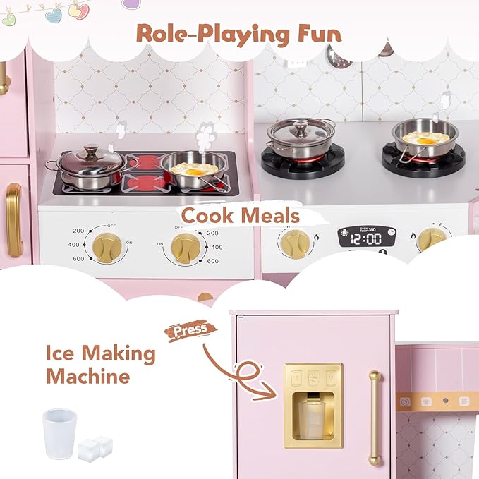 Corner Play Kitchen for Kids, Wooden Toddler Kitchen Playset with Ice Maker, Oven, Sink, Range Hood with Light, Ultimate Pretend Play Toy Kitchen Set Gift for Boys Girls Age 3+, Pink
