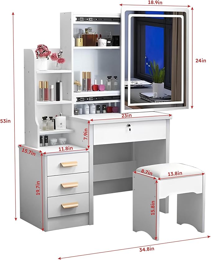 KUIKUI Makeup Vanity Desk Mirror with Lights, Vanity Desk with Mirror and Lights, Vanity Mirror with Lights Desk and Chair, 35.43''x15.35''x53.15'', 4 Drawers