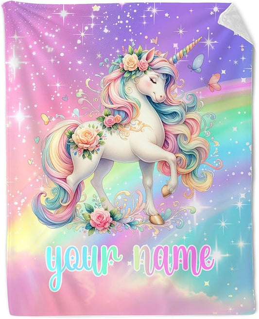 Custom Unicorn Blanket for Girls, 50 x 60 Inches Throw Size Teens Blankets - Soft Fuzzy Plush Gifts - Aesthetic Colorful Unicorn Throw for Bed Chair