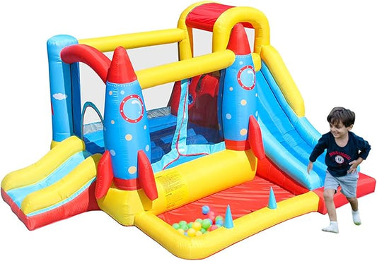 AirMyFun Inflatable Bounce House,Bouncy Castle with Air Blower,Play House with Ball Pit,Inflatable Kids Slide,Jumping Castle with Carry Bag(Rocket Theme)