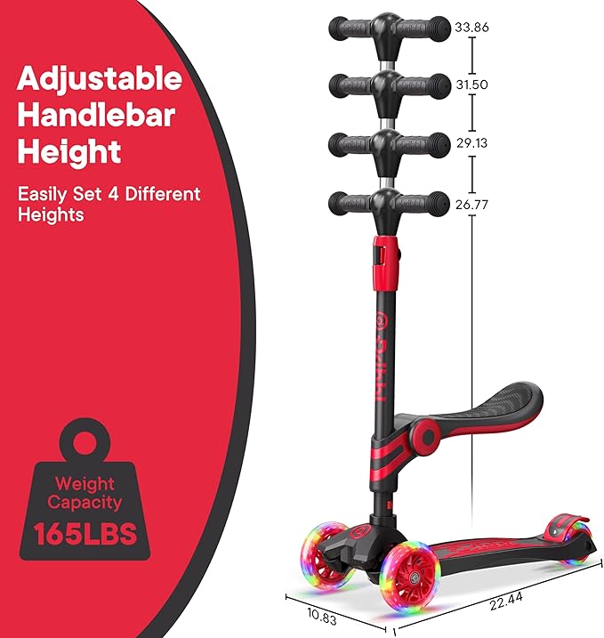 Black and Red 3 Wheel Scooter with Seat for Kids – Light-Up LED Wheels, Adjustable Handlebar and Seat, Smooth PU Wheels, Wide Anti-Slip Deck, Rear Foot Brake – Toddler Outdoor Toys for Ages 2+