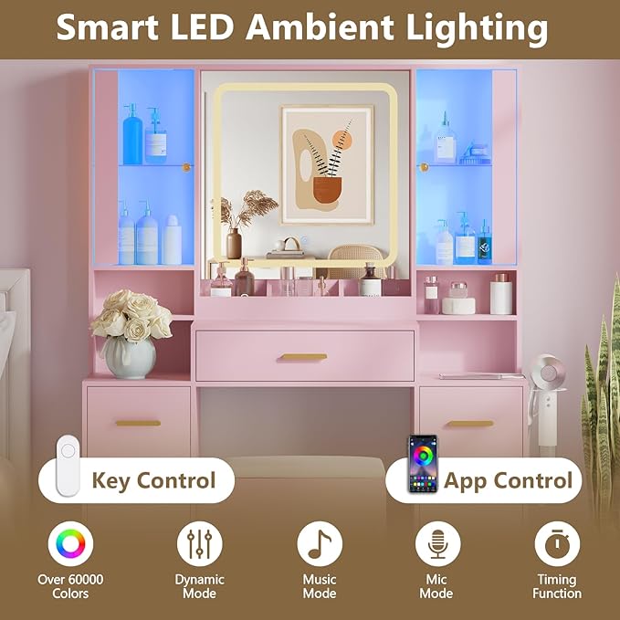 43'' Makeup Vanity with Mirror and Lights, Pink Vanity Desk with 7 Drawers & Charging Station, 3 Lighting Modes & Adjustable Brightness, Cushioned Stool, Dressing Table for Girls, Women, Teens