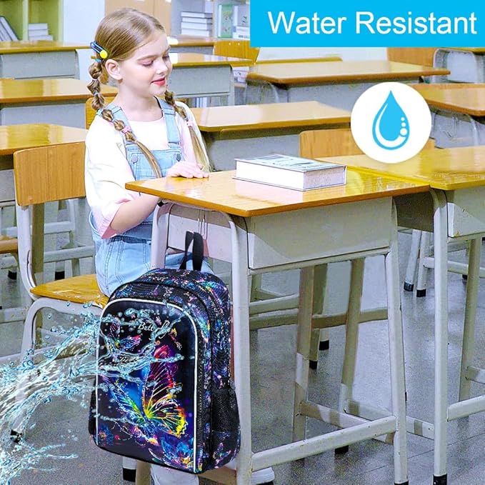 CCJPX 3PCS Backpack for Girls, 16 Inch Butterfly Preschool School Backpacks with Lunch Box, Water Resistant Bookbag with Elementary Toddler Travel