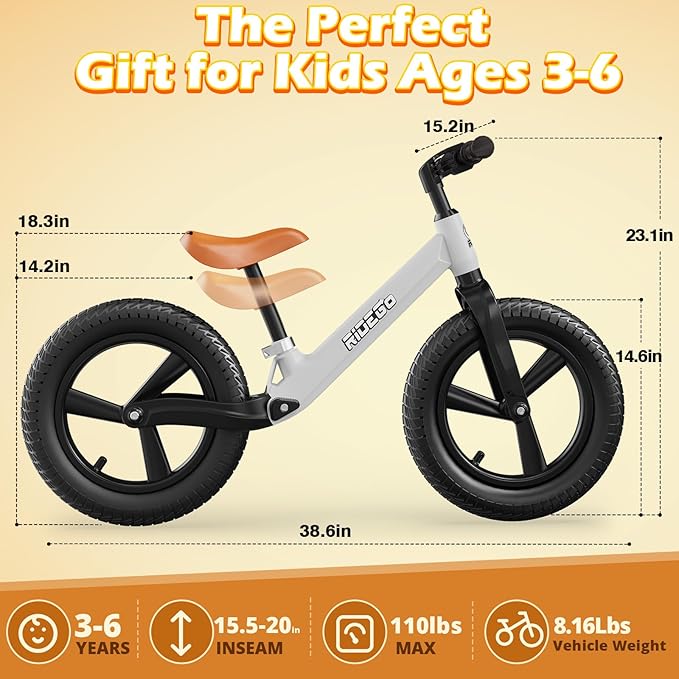 Ridego 14 Inch Balance Bike for Kids 3-6 Year Old,Lightweight Kids Bike with Adjustable Seat, Push Bicycle with Air Rubber Tires，Ride-on Toys Birthday Gift