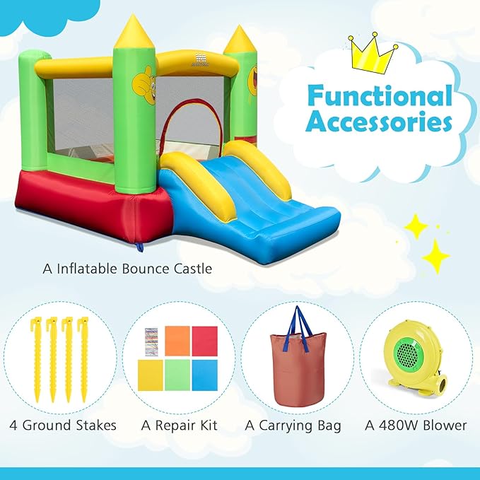 BOUNTECH Inflatable Bounce House, Bouncy House Castle for Kids Indoor Outdoor with Heavy Duty Jumping Area, Slide, 480W Blower, Mini Bounce House for Toddler Boys Girls Birthday Backyard Party Gifts
