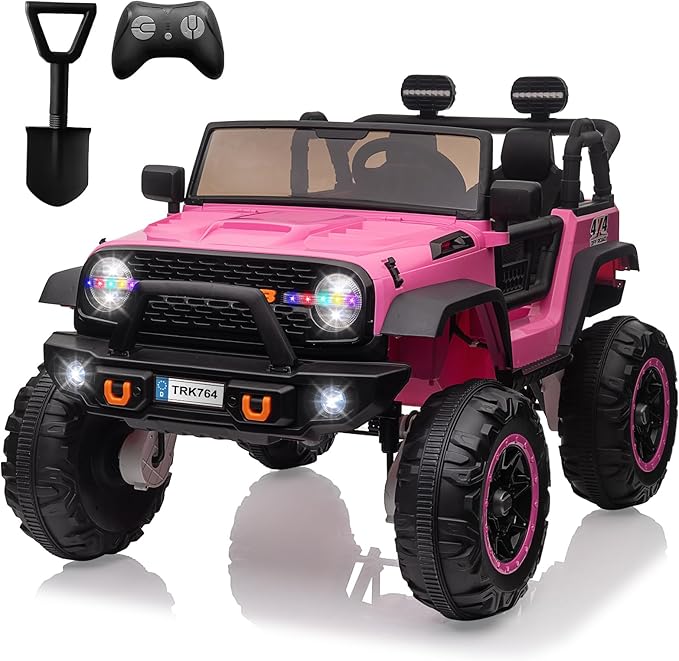 2 Seats 24V Kids Ride on Truck with Remote Control, Battery Powered Electric Ride Car Toy for 3-8 Years, 4 Motors,20" Seat Width for 2 Seaters, LED Light,Music,High/Low Speeds,Shovel, USB (Pink)