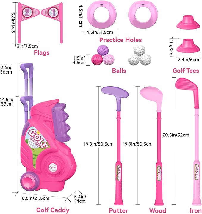 Liberry Toddler Golf Set for 1 2 3 4 Years Old, Upgraded Kids Golf Cart with Unique Shoulder Strap Design, Indoor and Outdoor Golf Toys for Boys Girls (Pink)