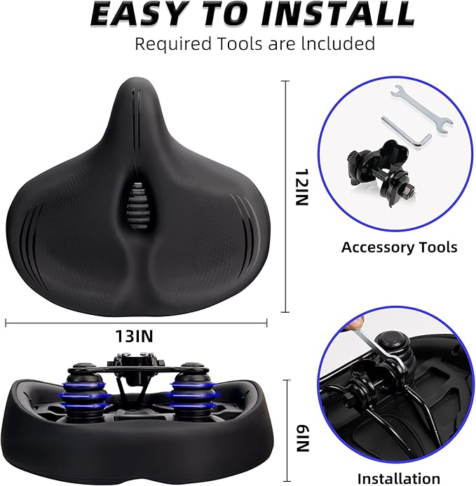 Oversized Bike Seat for Men & Women Comfort, Extra Wide Soft Padded Bicycle Seat Cushion, Large Comfortable Replacement Saddle for Peloton, Stationary Exercise Bike, Cruiser, Ebike, City Bike