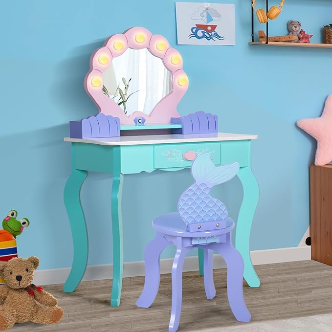 Kids Vanity with Lights, Wooden Princess Vanity for Girls, 2 in 1 Ocean Theme Toddler Dressing Table and Chair Set, Little Girl Makeup Vanity with Mirror for Children Birthday