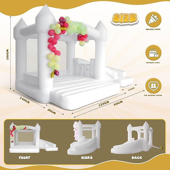 AKSPORT White Bounce House Inflatable Jumping Castle with Slide & Air Blower for Kids, Wedding & Birthday Parties, 17 * 11 * 10FT