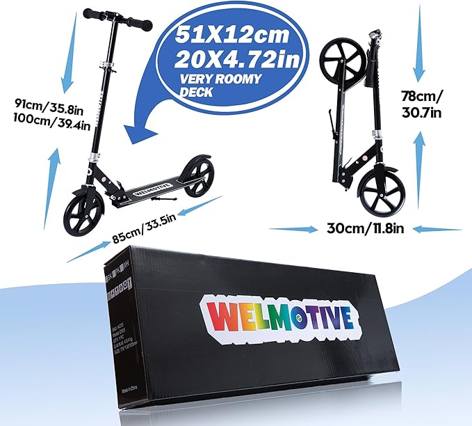 Kick Scooter for Kids Ages 6+, Teens & Adults, Adjustable Handlebars, Rear Brake, Big Wheel Foldable Scooter for Indoor & Outdoor