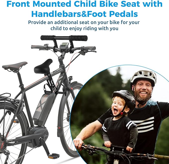Lnrueg Kids Bike Seat for Adult Bike, Kid Bike Seat with Handlebar and Foot Pedals, Front Mounted Child Bike Seat for Mountain Bikes, Parent-Child Cycling Seat Kit for Children 2-6 Years