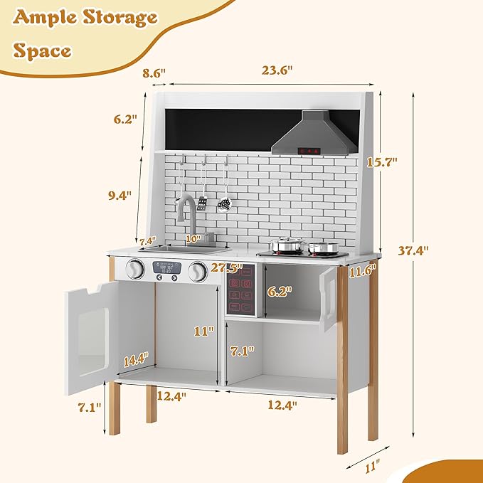 soges Kids Kitchen Playset, Play Kitchen with Realistic Lights & Sounds, Pretend Play Kitchen Wooden Toy Set with Storage Space, Realistic Design Utensils Oven Microwave Sink, Idea Gift for Kids