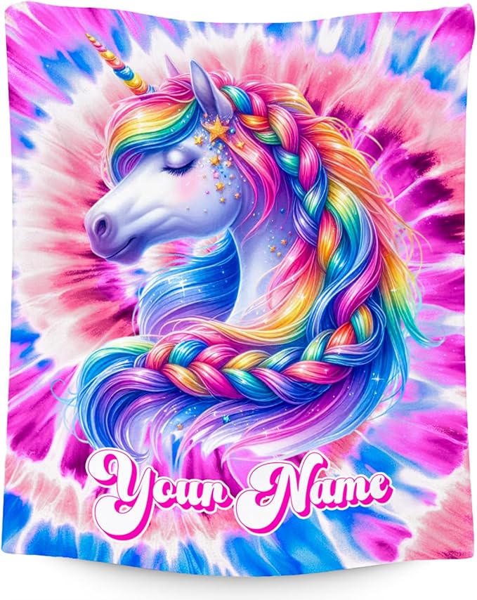 Girls Blanket, Personalized Unicorn Blanket Gifts for Girls, Tie Dye Rainbow Throw, Custom Flannel Kids Throws for Unicorn Lovers (4 Sizes)