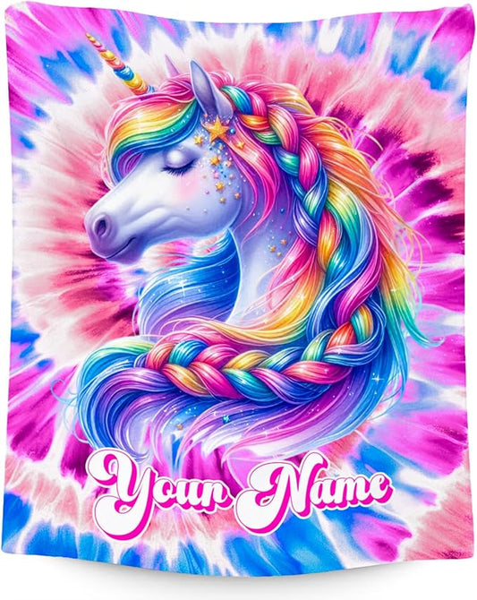 Girls Blanket, Personalized Unicorn Blanket Gifts for Girls, Tie Dye Rainbow Throw, Custom Flannel Kids Throws for Unicorn Lovers (4 Sizes)