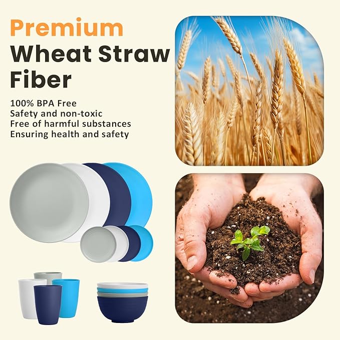 Homienly Premium Wheat Straw Dinnerware Sets, Plates and Bowls Sets,Cups,Alternative to Plastic Plates Service for 4, Dishwasher and Microwave Safe 16 PCS Dish Sets for Home,Camping - Island