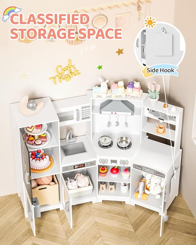 MAMIZO Wooden Corner Play Kitchen, Large Ultimate Interactive Toddler Pretend Kids Kitchen Playset with Blackboard, Stove & Range Hood w/Light & Sound, Ice Maker, Washing Machine, 6 Toy Set (White)