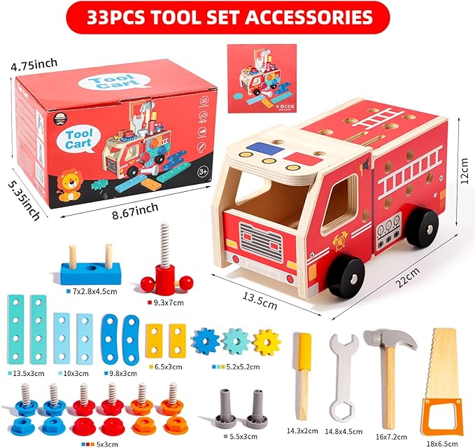 Toddler Tool Set - 33 PCS Wooden Kids Tools with Firetruck-Shaped Box / Bench, Montessori Educational Pretend Play Preschool Toys Gifts for 3 Year Old boy Girl Kids, STEM fine Motor Skills Tool Set