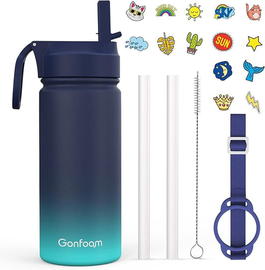Kids Water Bottle, 16oz Water Bottles Kids with Straw and Stickers, Stainless Steel Vacuum Double Wall Insulated cup, Kids Water Bottle for School, Gifts for Boys(Navy blue)