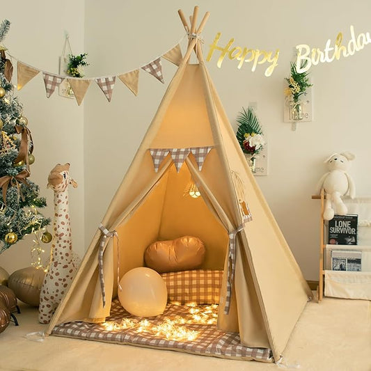 Teepee Tent with Padded Mat Bunting Banner Fairy Lights - Print Gingham Kids Play Tent with Carry Bay for Indoor and Outdoor, Play House Toys for Toddler, Boys and Girls