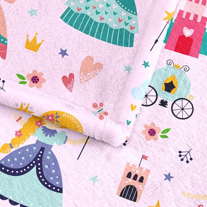 Wajade Kids Pink Princess Blanket for Girls Soft Fleece Blanket for Couch Sofa Bedroom Princess Fairy Tales Castle Throw Blanket for Kids Teens 50"x60"