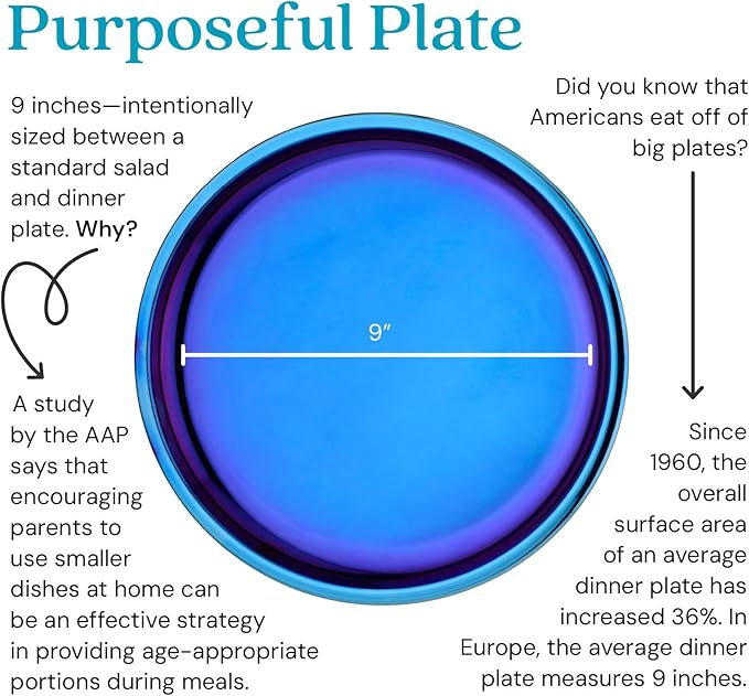 Ahimsa Stainless Steel Plates for Kids, 9" Colorful Stainless Steel Plates, Pediatrician Designed & Non Toxic, Unbreakable, Dishwasher Safe, Set of 4 Blue