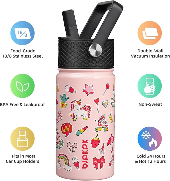 BJPKPK Insulated Water Bottle with Straw Lid, 15 oz Stainless Steel Metal Water Bottles, Reusable Leak Proof BPA Free Water Bottles, Cups, Thermo, Unicorn