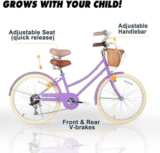 Glerc 20 24 26 Inch Beach Cruiser Bike, 6-Speed Hybrid City Bicycle for Girls Youth and Over 6 Years Old, Missy Bike with Wicker Basket & Lightweight, Multiple Colors