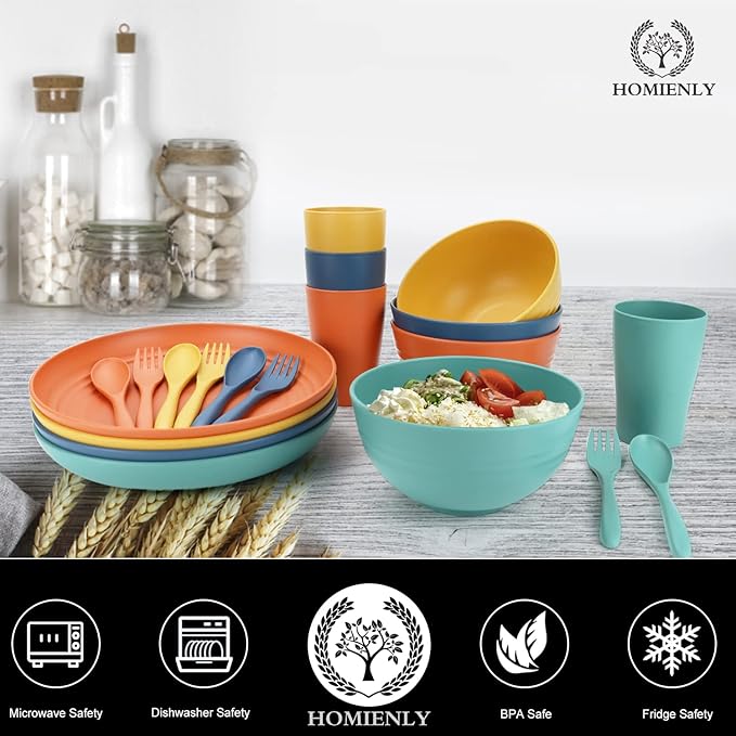 Homienly Wheat Straw Plates and Bowls Sets, 20 PCS Dishes Dinnerware Sets,Unbreakable Microwave and Dishwasher Safe Dish Set, Reusable Kids Plates and Bowls Sets for Kitchen, Outdoor, RV (Multicolor)