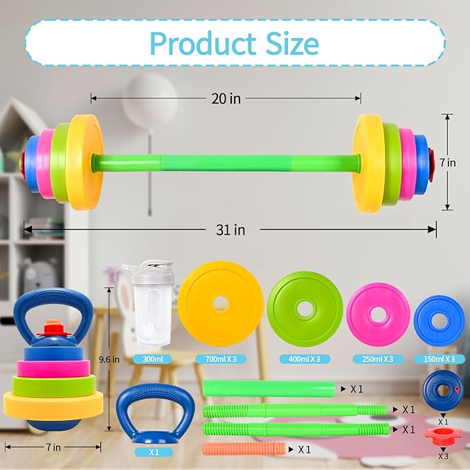 3-in-1 Kids Fitness Set with Adjustable Barbell, Kettlebell & Reusable Water Bottle – Kids Gym Equipment for Pretend Play Exercise, Fun Fitness Toys for Boys & Girls Home Workout