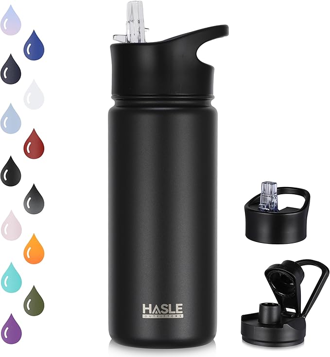 HASLE OUTFITTERS Insulated Water Bottle 16 oz Double Wall Vacuum Stainless Steel Water Bottle Leak Proof Wide Mouth with Straw Lid & Spout Lid Keeps Cold and Hot(Black,1pack)