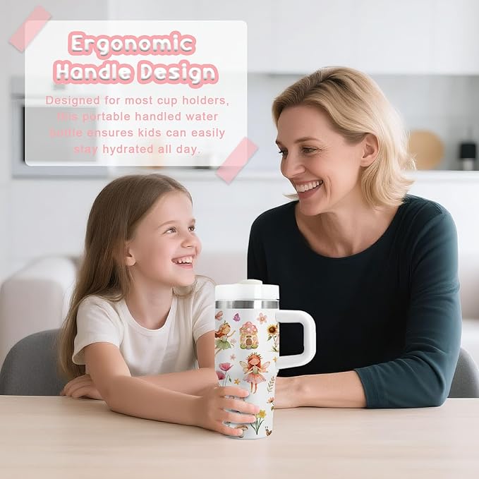 Fairy Gifts for Girls - 14 Oz Kids Tumbler with Handle and Straw, Stainless Steel Vacuum Insulated Tumbler, Sweatproof, for Sports, School, Travel - Birthday Gifts for Children Girls Cups(1pc)