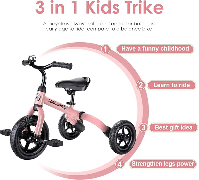 YGJT 3 in 1 Tricycle for Toddlers Age 2-5 Years Old, Folding Kids Balance Bike with Adjustable Seat and Removable Pedal, Toddler Bike Ride-on Toys for Infant, Gifts for Baby Girls Birthday(Pink)