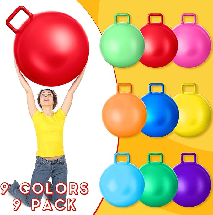 Meooeck 9 Pcs Hopper Ball 18 Inch Jumping Hopping Outdoor Bouncy Ball with Handles and Air Pump for Sports School Games Exercise(Multicolor)