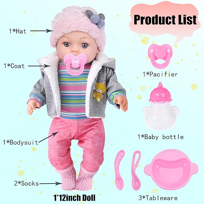 12 Inch Baby Doll - 12" Lifelike Baby Doll with 3-Piece Outfits, 4 Accessories & Feeding Playset - Realistic Rosy Cheeks & Blue Eyes, for Kids