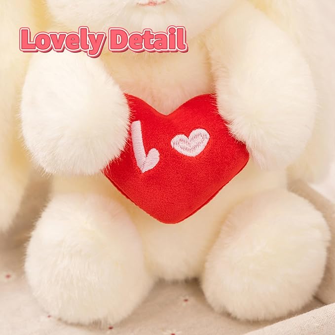 PEACH CAT Love Bunny Stuffed Animals Holds Red Heart 8" Cute Rabbit Plushies Soft Plush Toys Romantic Sweet Gifts for Girlfriends Kids White