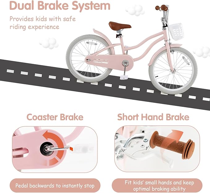 HONEY JOY Kids Bike, 12 14 16 18 20 Inch Toddler Bikes w/Training Wheels, Handbrake & Coaster Brake, Fully Enclosed Chain, Adjustable Handlebar & Seat, Kids Bicycle w/Basket, Girls Boys Bike 3-8