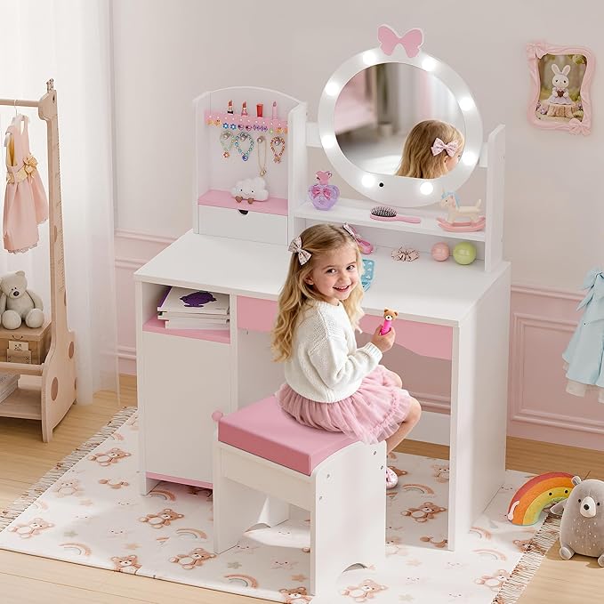 TOLEAD Kids Vanity, Girls Vanity Set with Mirror and Stool and Lights, Toddler Vanity Table and Chair Set with Jewelry Storage, Wooden Princess Makeup Desk Dressing Table for Little Girls (White)